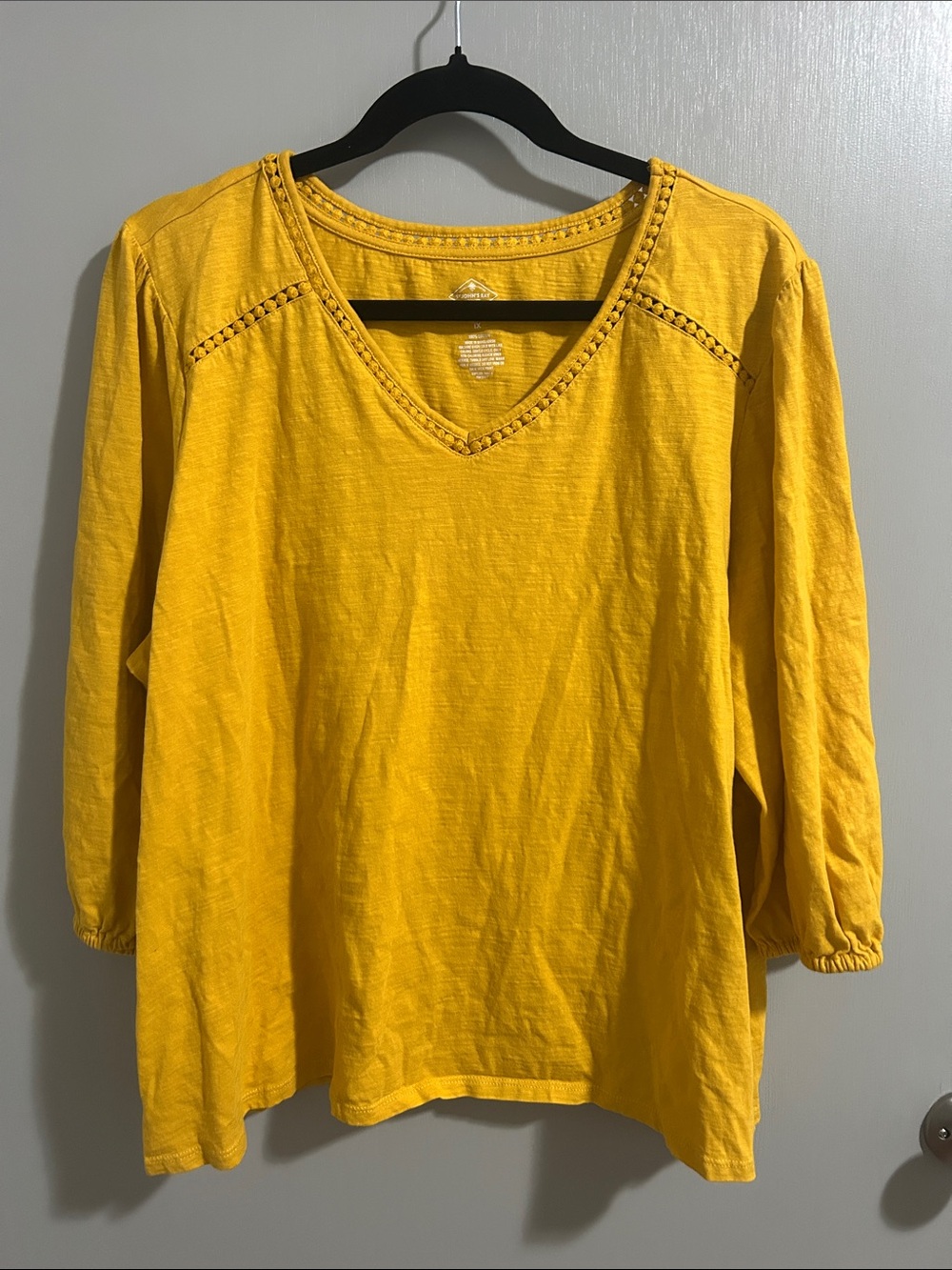 St. John's Bay Yellow V-Neck Long Sleeve Top with Crochet Trim 100% Cotton Boho